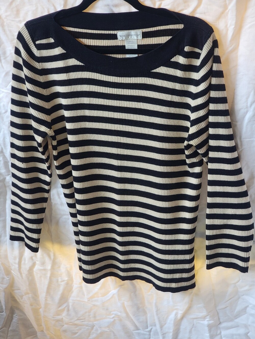 WORTHINGTON White and Black Striped Ribbed Knit Top